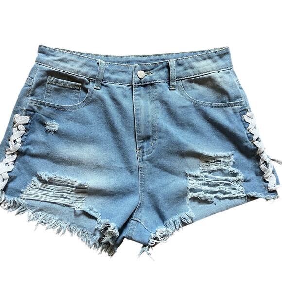 Lace Up Raw Hem Ripped Denim Shorts Shein size 30 - Picture 1 of 13